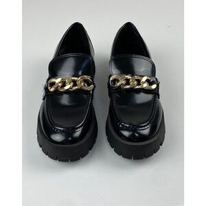 Guess Chunky Platform Loafers Womens Size 10 M Black Slip On Lug Sole Gold Chain